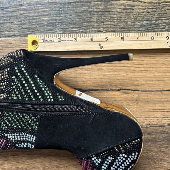 Alba Black Suede Rhinestone Platform High Heel Ankle Boots Size 6.5 Zip Stiletto - Picture 8 of 8